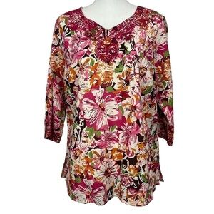 CJ BANKS Women’s Pullover Top Sz X (14W) Multi Color Floral Print Embroidered